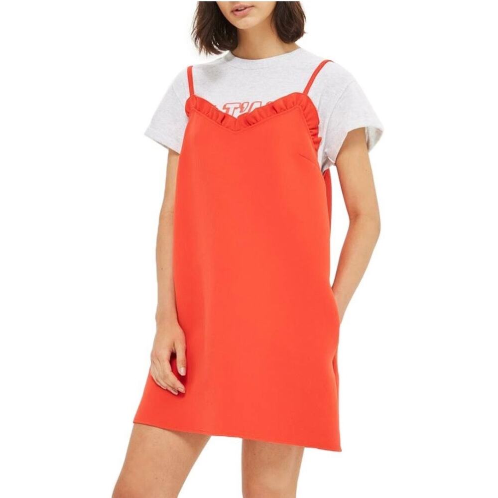 Topshop Red Ruffle Cami Slip Mini Dress Layer Over Tee Size 4 Coquette Y2K